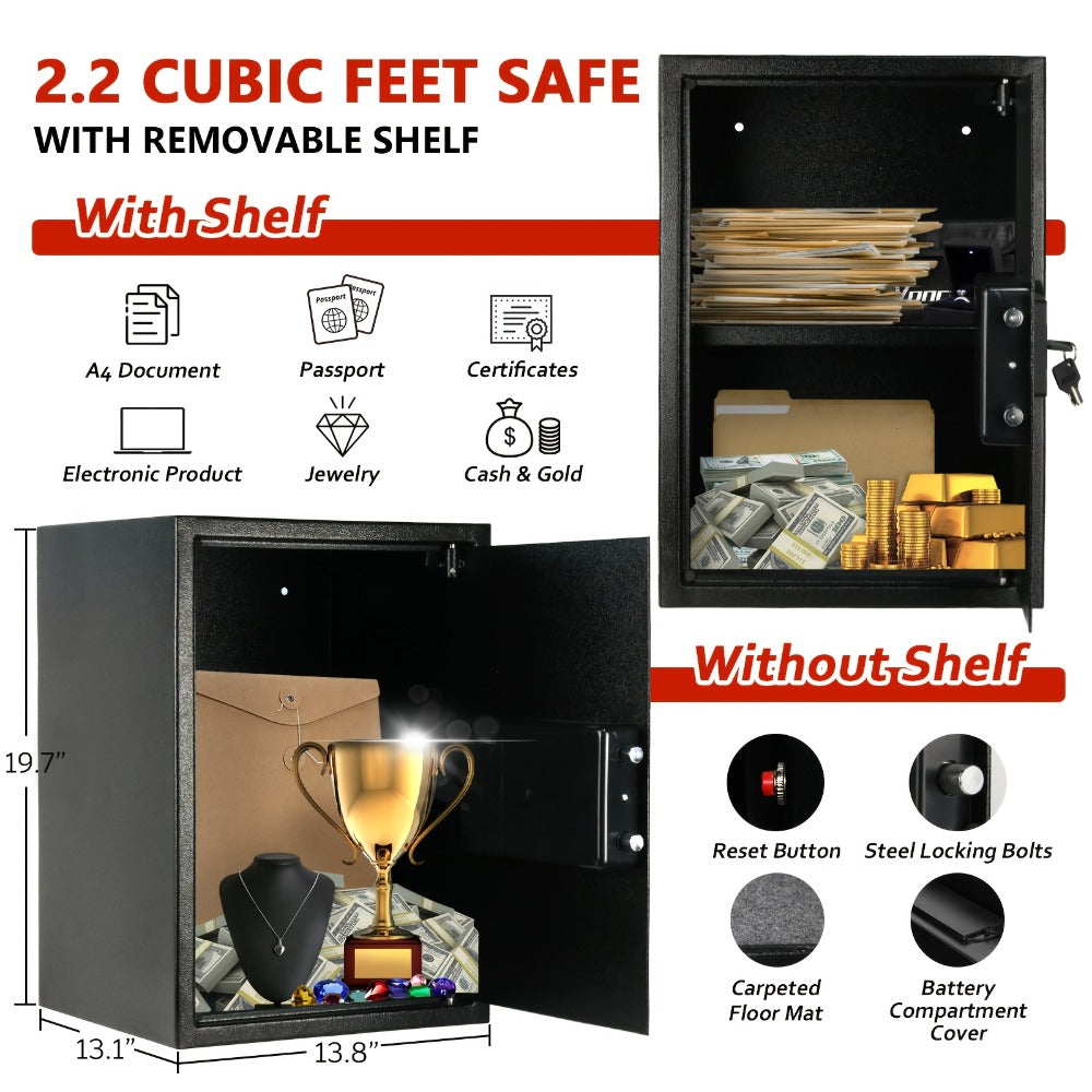 Home Security Safe Box with Sensor Light & Fireproof Bag, Digital Keypad Lock Box with Backup Keys for Cash