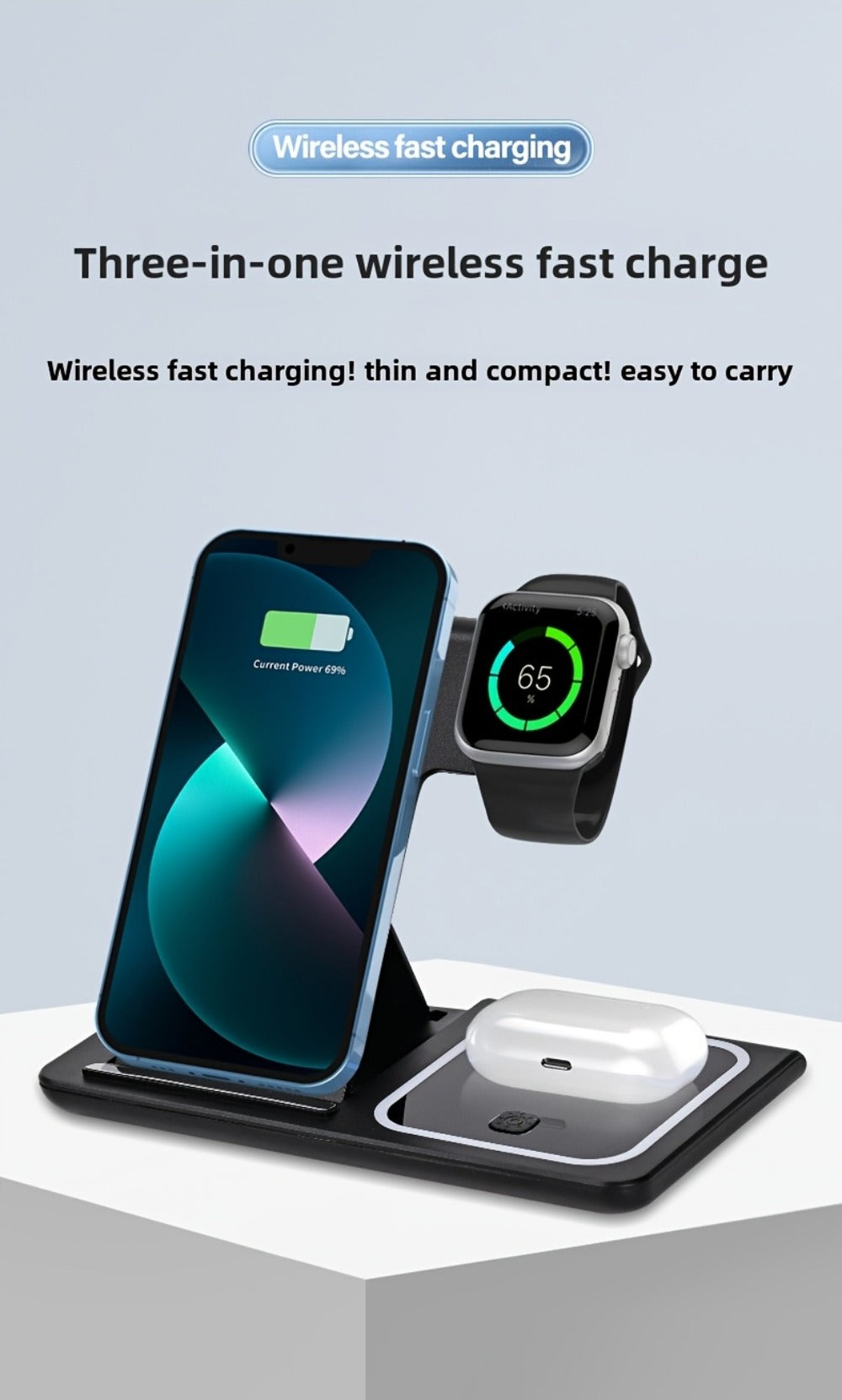 Wireless Charging Station, 3-in-1 15W Upright Stand with QC3.0 Adapter for iPhone, Watch and AirPods Models