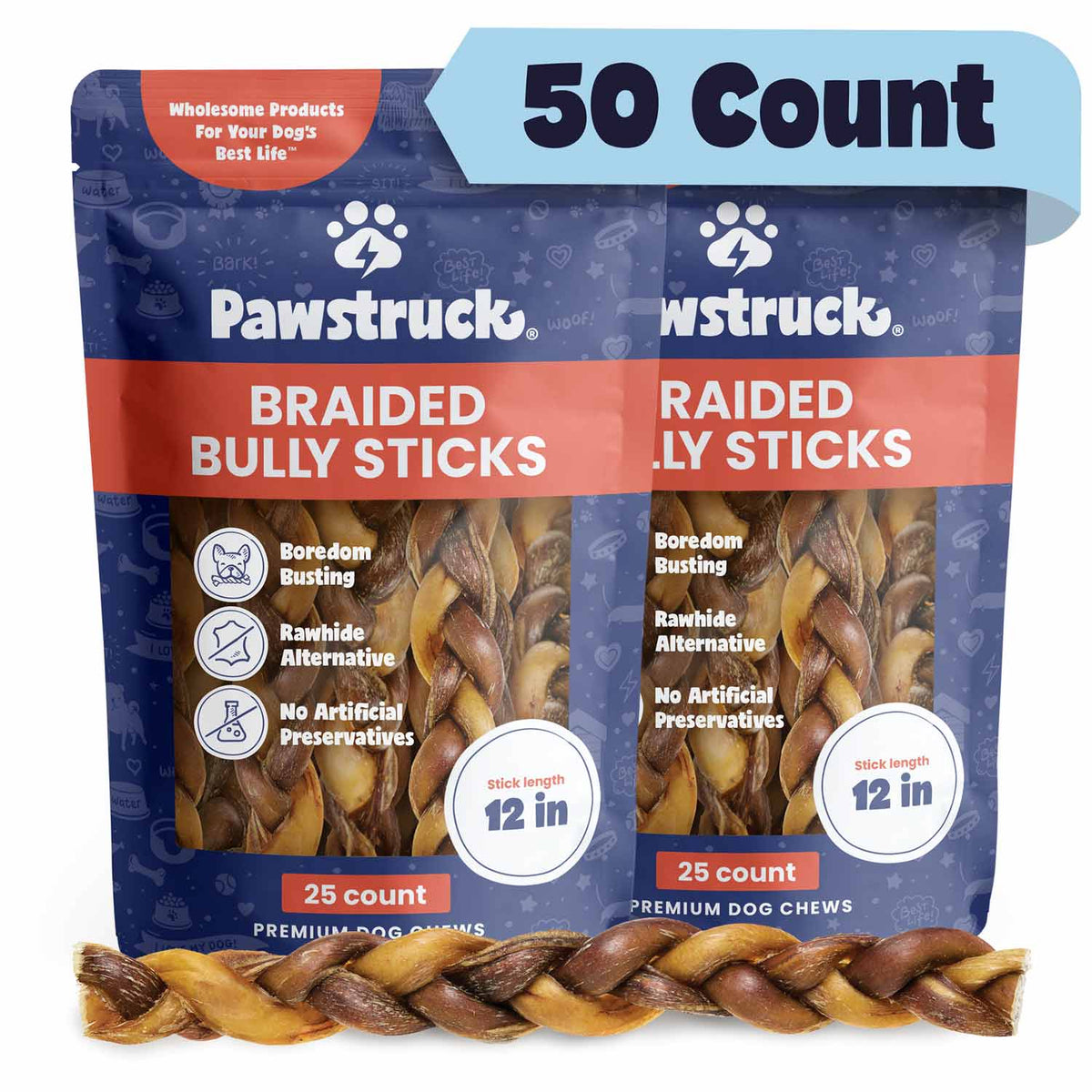 Braided Bully Stick Dog Chews 50 Braids