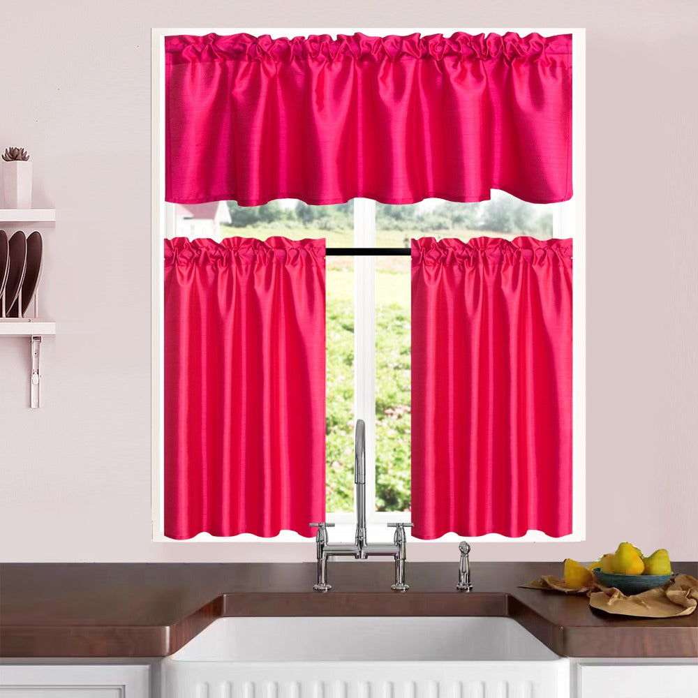 Three-Piece Faux Silk Window Curtain Set with Rod-Pocket Valance, Two 26 x 36-Inch Tiers and Eleven Colors