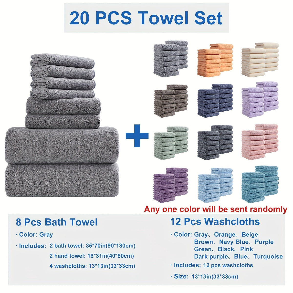 Bath Towel Set 20 Piece 100% Microfiber Absorbent Quick Dry Soft Extra Large Bath Sheets 8 Bath Towels 12 Washcloths Home Bathroom Spa Gift