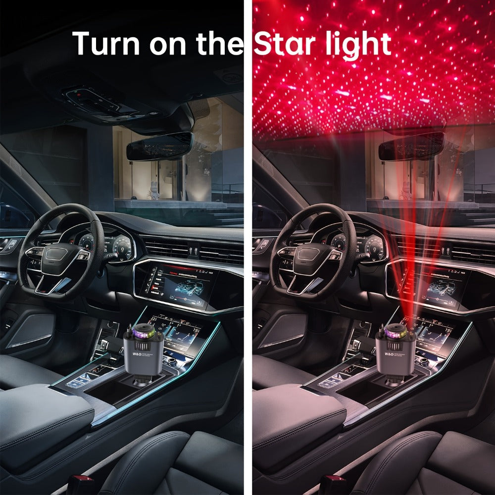 Car Charger with 80 cm Retractable Cable, Aroma Diffuser and Red Star Projector in a Black Plug-In Design
