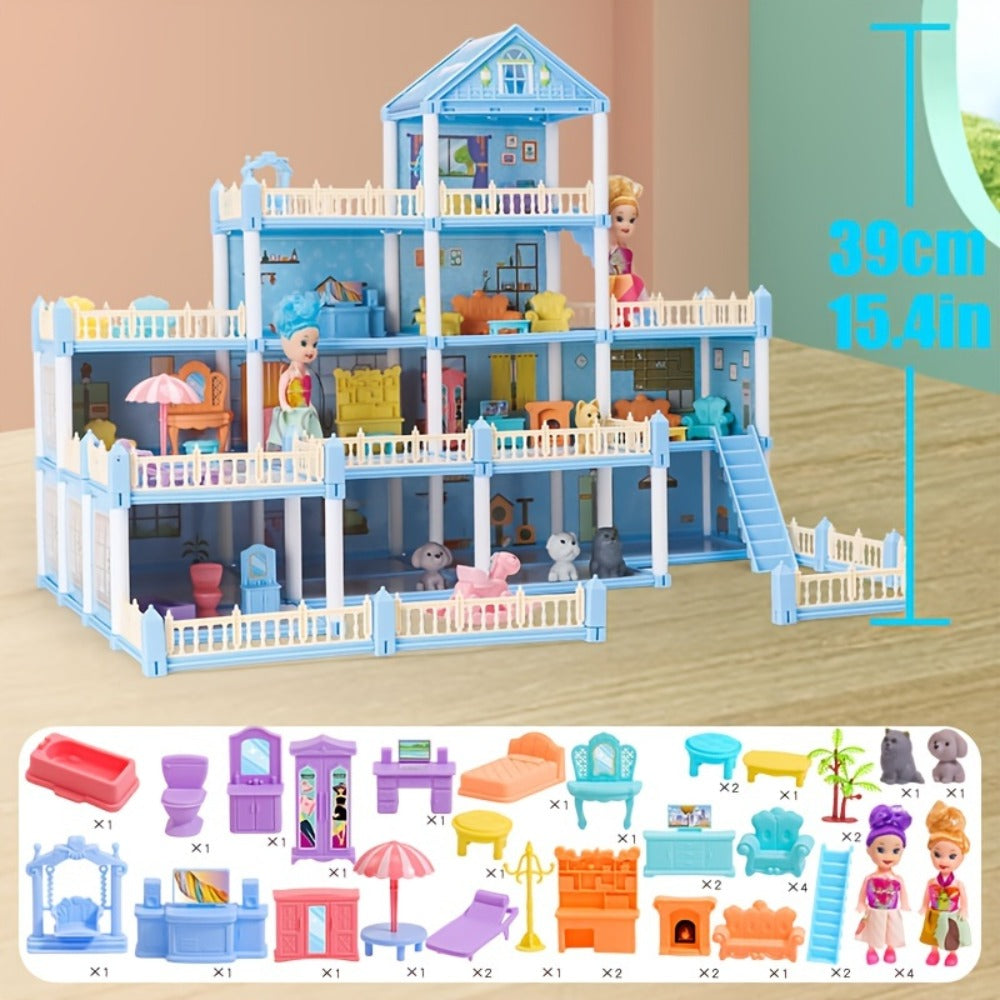 Princess Doll House Castle with Furniture & Accessories, Pink or Blue Mini Villa Playset 14 to 27 Rooms