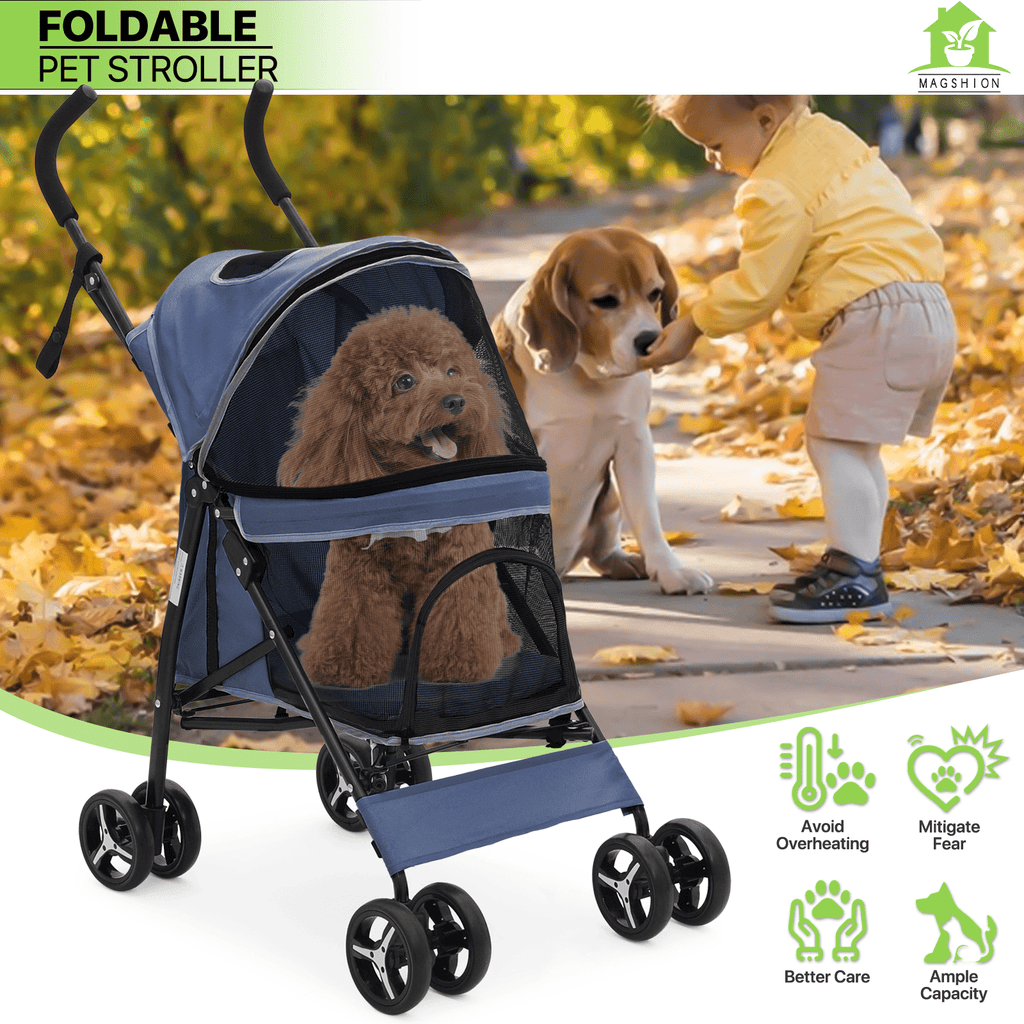 Four-Wheel Pet Stroller with Mesh Cabin, Folding Frame, Lower Basket and Ten Color or Print Options