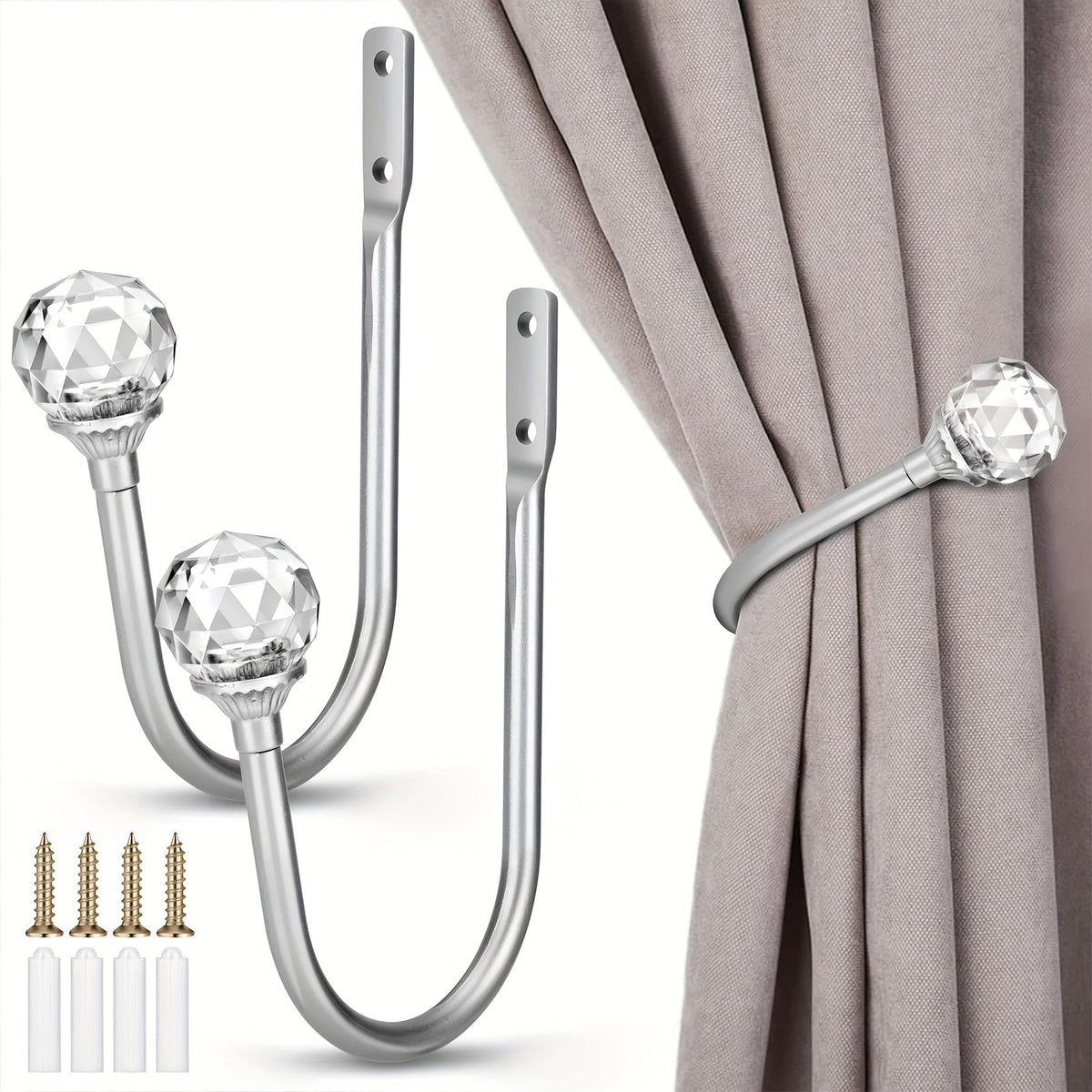 Crystal Curtain Holdbacks Wall Mounted 2-Pack Metal Drapery Tieback Hooks Home Office Decor