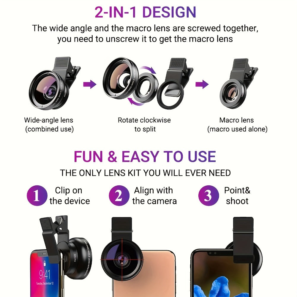 Clip-On Phone Lens Kit 2-in-1 – 0.45x HD Wide Angle & 12.5x Super Macro Lens for iPhone & Android, Universal Smartphone Camera Upgrade
