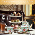 20-Piece Floral Ceramic Tea Set with Saucers & Metal Stand, European Afternoon Tea Service, Blooming Design