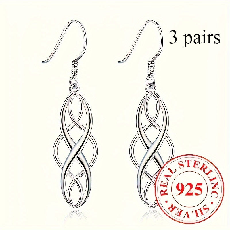 Dangle Earrings Three-Pair Set with S925-Marked Twisted Double-Loop Drops and Fishhook Wires