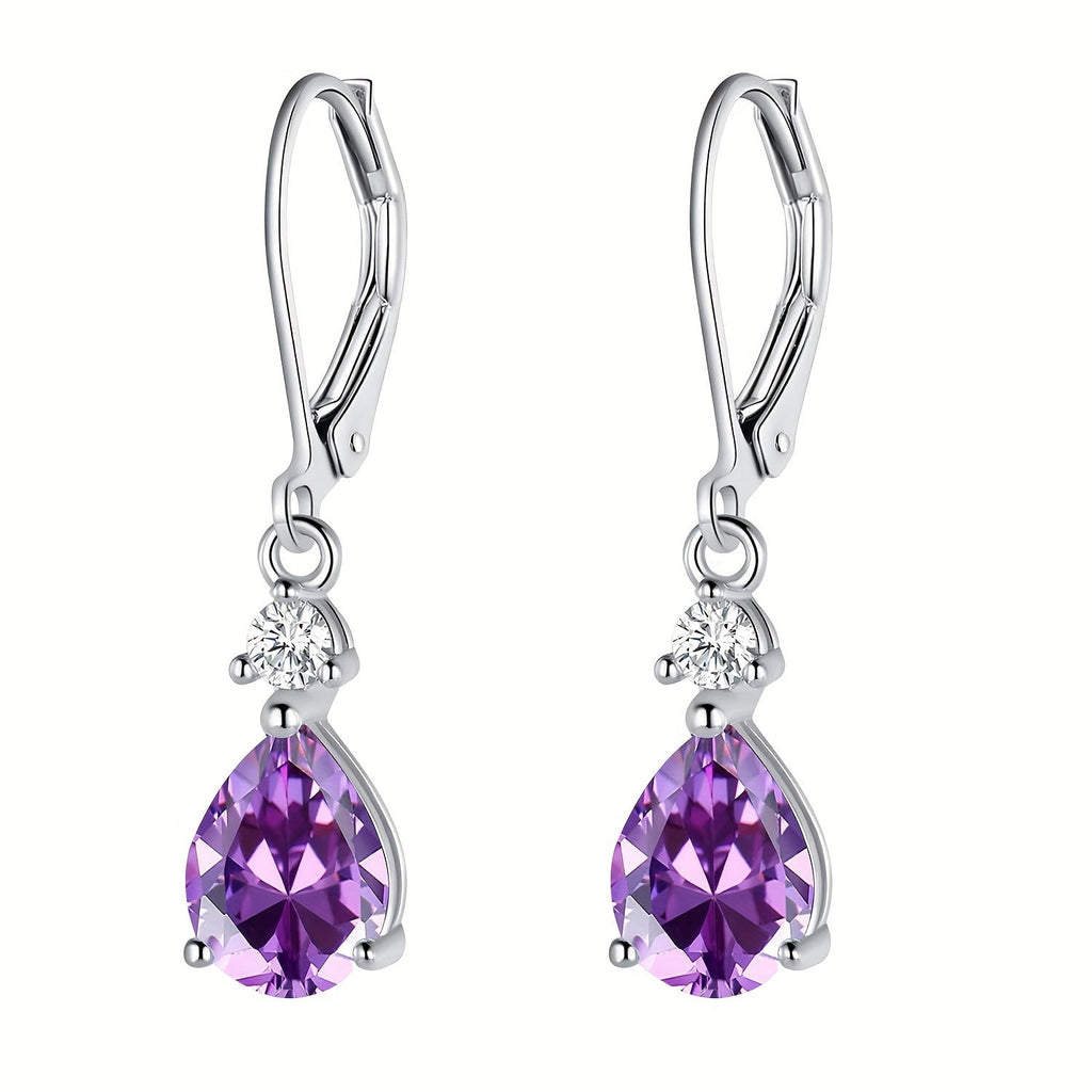 Dangle Earrings Purple Teardrop Stone with Leverback Hooks and Crystal Accent in Silver-Tone Finish