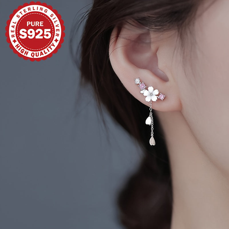 Dangle Earrings Cherry Blossom Stud-and-Tassel Design with Pink Flowers, 2.4cm Width and Slim Drop Chains