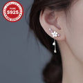 Dangle Earrings Cherry Blossom Stud-and-Tassel Design with Pink Flowers, 2.4cm Width and Slim Drop Chains