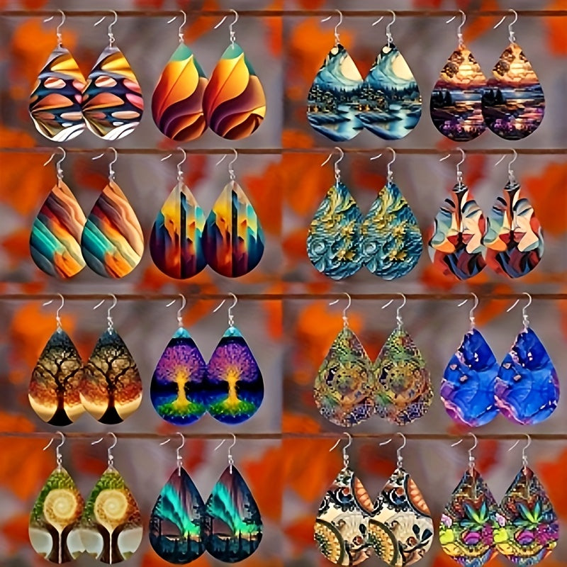 16-Pair Drop Earring Set with Colorful Water Drop and Double-Layer Boho Styles for Mix-and-Match Wear