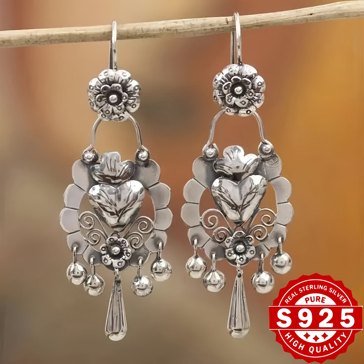 Dangle Earrings Ornate Owl and Floral Drop Design with Hook Wires and Antique Silver-Tone Finish