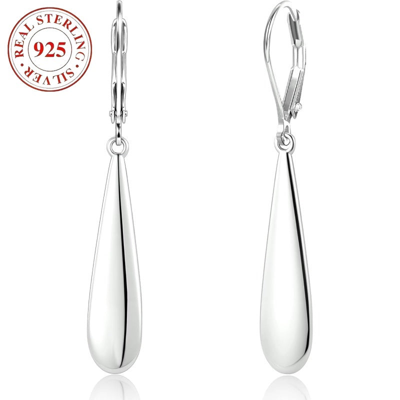 Dangle Earrings Long Teardrop Pair with Leverback Hooks, Silver-Tone Finish and 3.5cm Drop