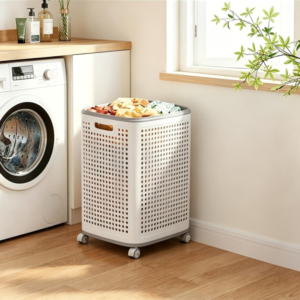 Wheeled Laundry Hamper Large Foldable with Dividers & Dust-Proof Lid – 360° Breathable Mesh Basket on Wheels, Reinforced Steel Base