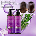 Onion, Biotin and Rosemary-Labeled Shampoo and Conditioner Set in Purple Pump Bottles with Jojoba Oil Wording