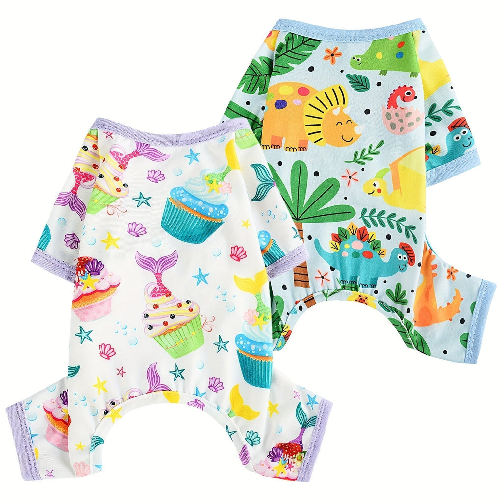 Two-Pack Dog Pajama Jumpsuits with Four Printed Pair Options and Complete XS–XXL Size Grid