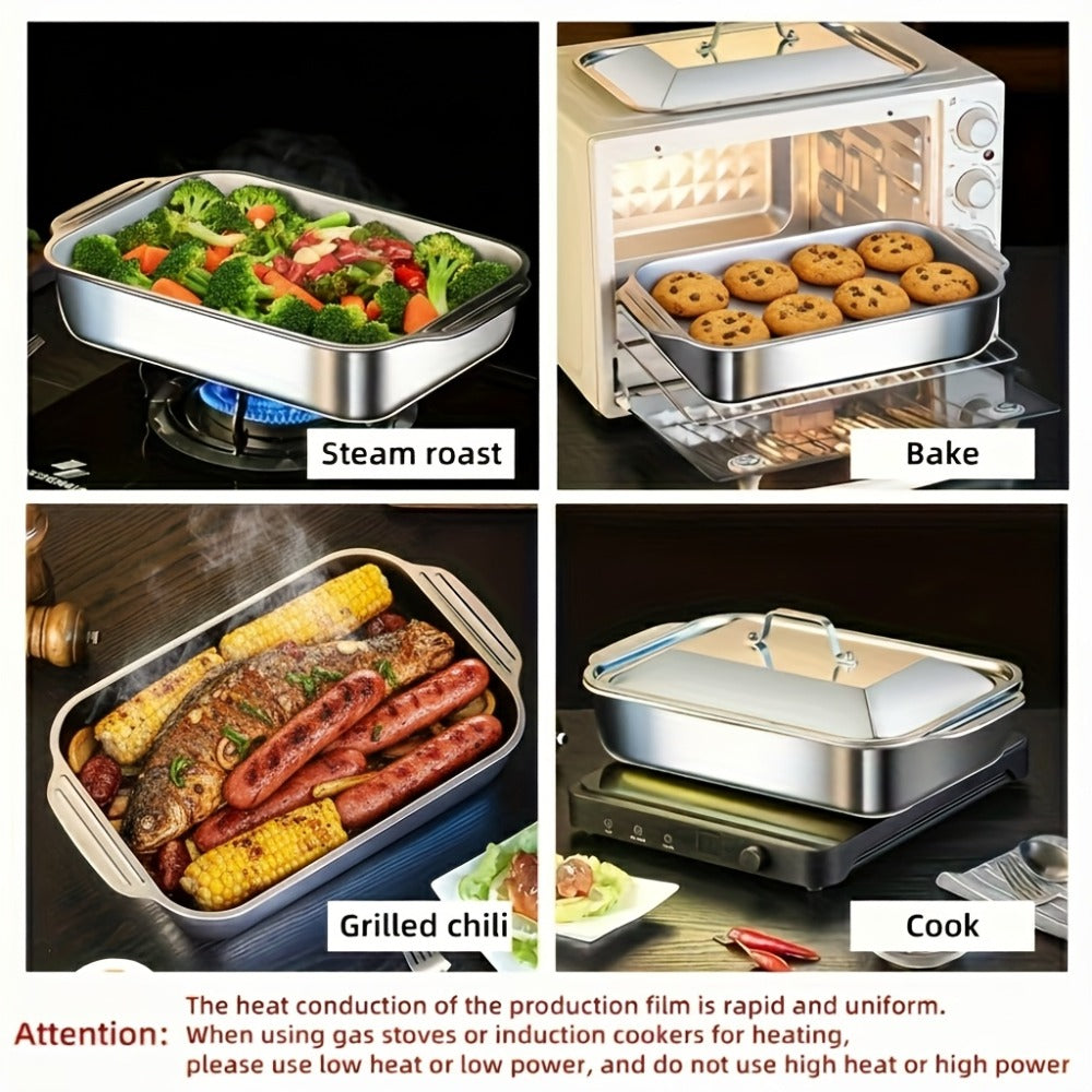 Stainless Steel Baking Pan Set 4-Piece, 2 Deep Roasting Pans & 2 Lidded Pans with Handles for Entryways, Bedrooms and Living Spaces