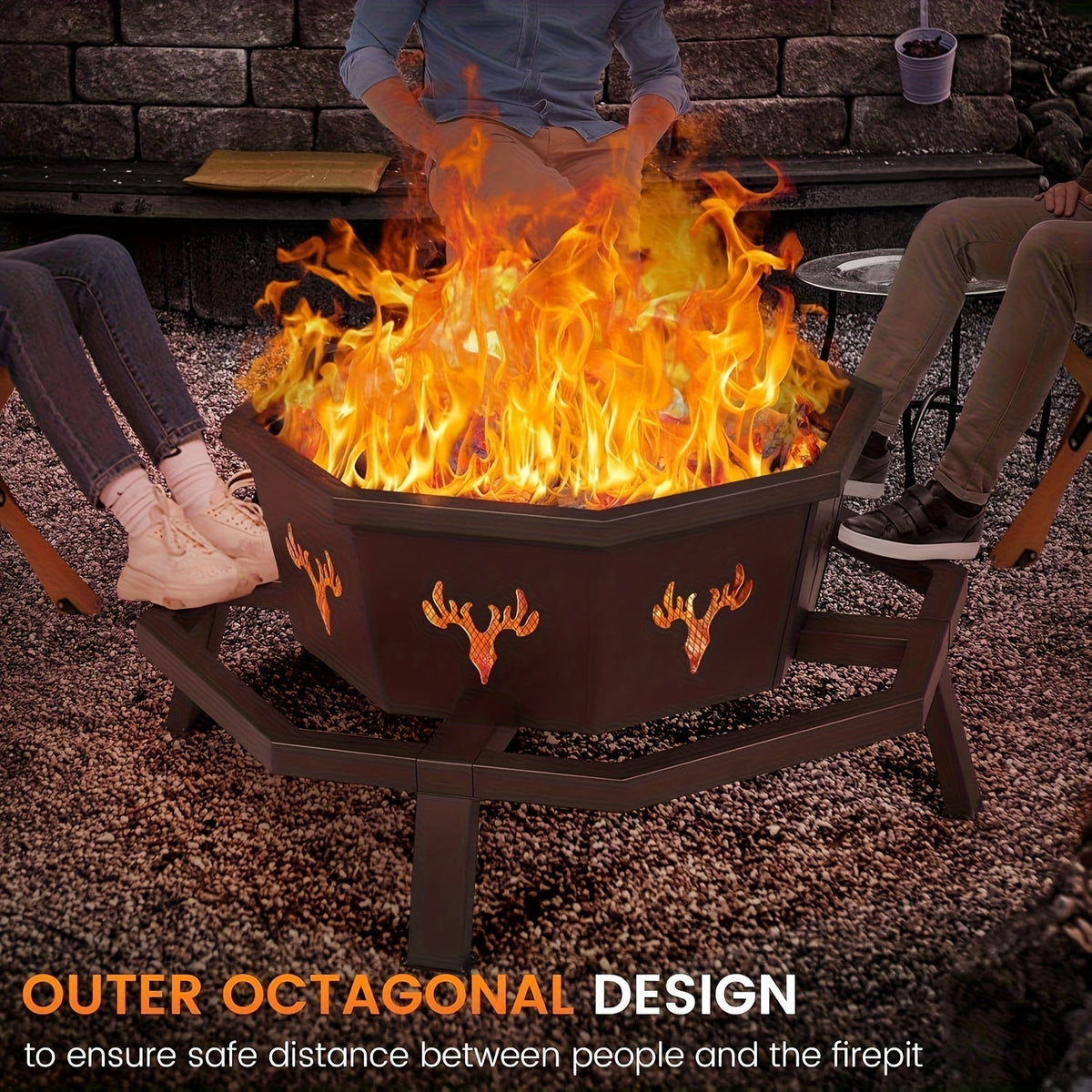 35-Inch Octagonal Wood-Burning Fire Pit with Spark Screen, Poker, Fire Grate and Wide Safety-Ledge Frame