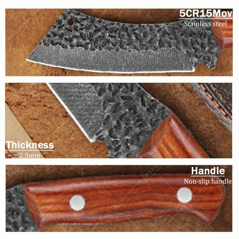 Kitchen Chef Knife Set 3 Piece Stainless Steel - Sharp Boning Knife, Utility Knife & BBQ Knife with Hammered Blade