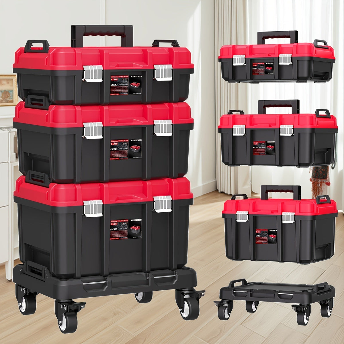 Rolling Tool Box with Wheels 3-Tier Stackable Organizer | Lockable Compartments, Connected Storage, 17" Large Plastic Toolbox for Garage