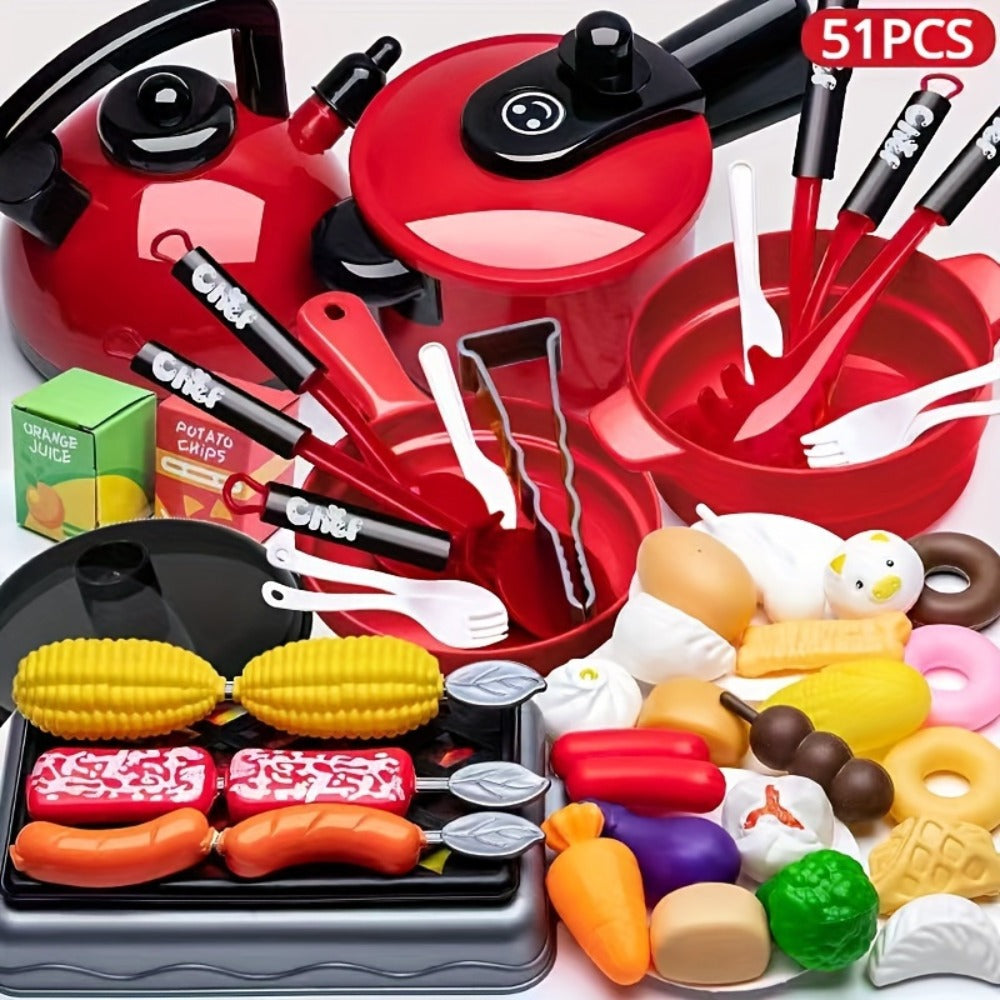 Pretend Play Kitchen Set for Kids, 51PCS Toy Cooking Utensils, Tableware & Play Food for Home Cooking, Dining and Outdoor Meals