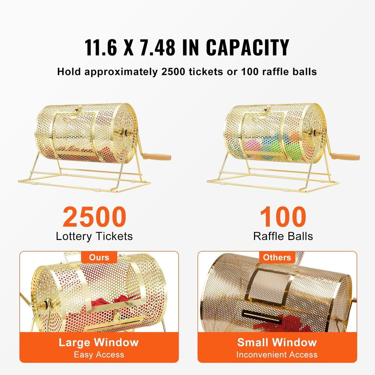 Raffle Drum Spinning Cage 12 Inch – Brass Plated Metal Lottery Ticket Drum with Wooden Handle, Holds 2500 Tickets or 100 Ping Pong Balls