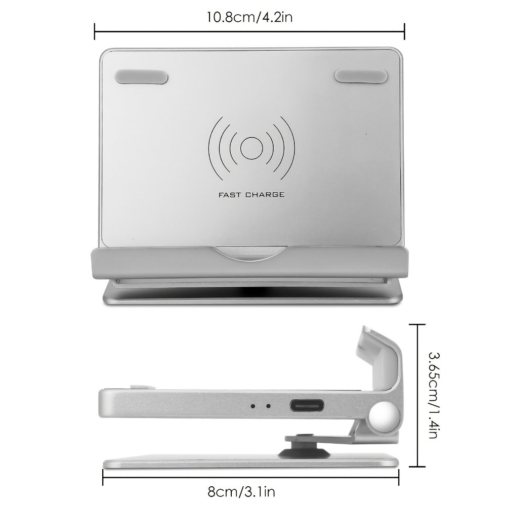 Silvery 360-Degree Rotating Wireless Charging Stand with Micro-USB and USB-C Input Port Design