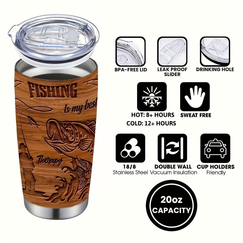 20oz Brown Fisherman-Graphic Tumbler with Clear Lid, Metal Straw and 7.2 x 17.5 cm Pictured Size