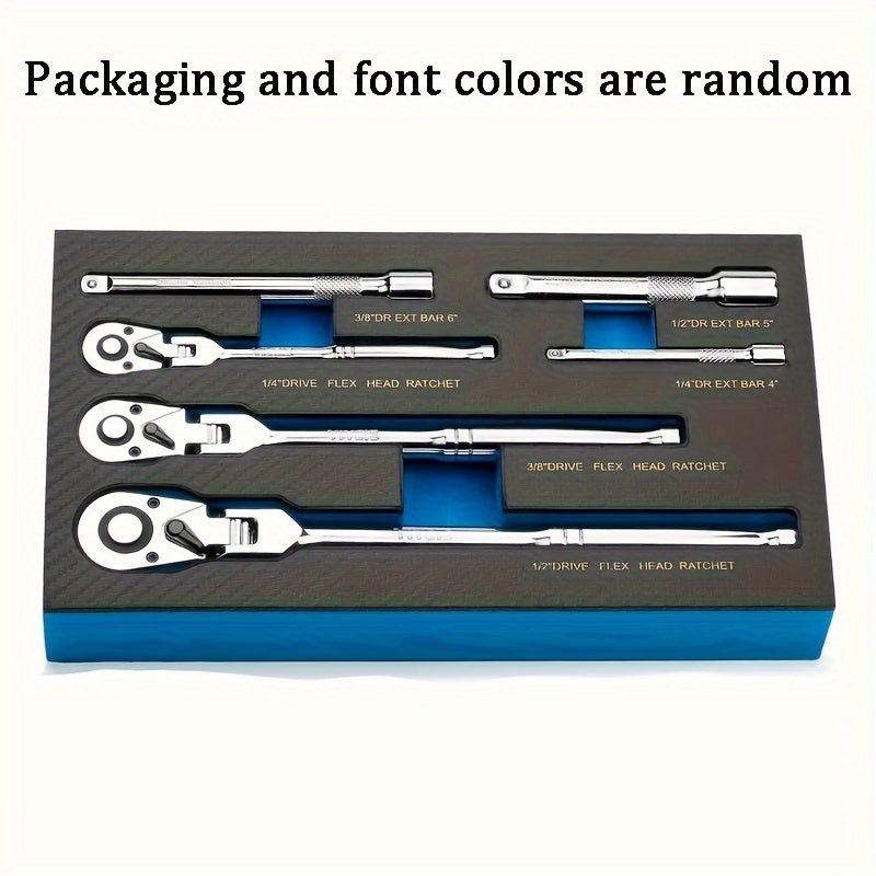 6-Piece Ratchet Wrench Set 1/4" 3/8" 1/2" Drive – Rotating Head Ratchet with Extension Bar, Chrome-Plated Stainless Steel