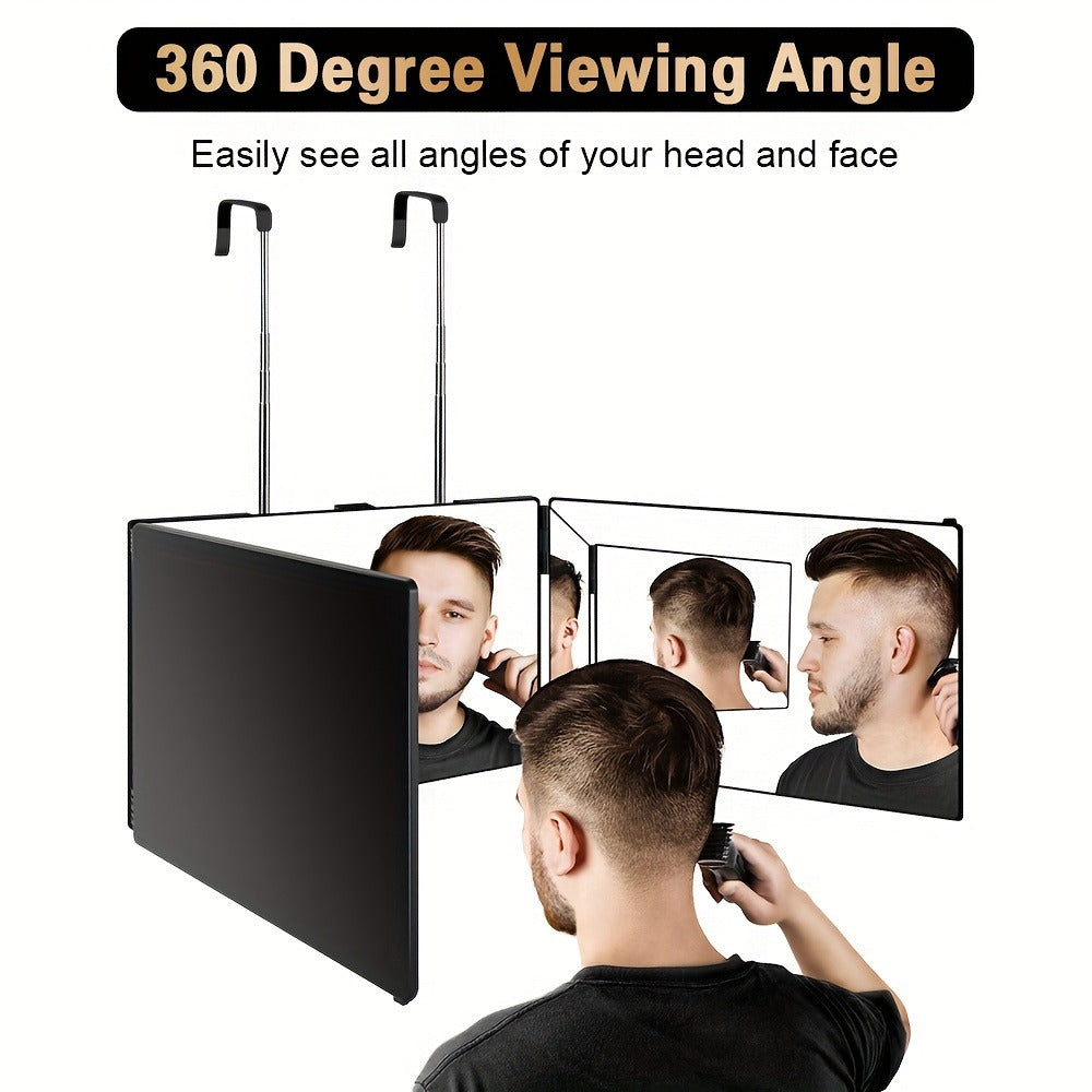 3-Way Self Haircut Mirror with LED Light & Accessories – 360° View Anti-Fog HD Glass, Height Adjustable Door Wall Table Mount