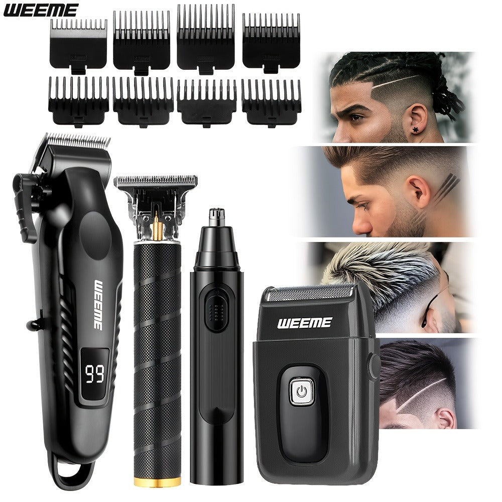 Men's Grooming Kit 4-Piece Set, USB Rechargeable Hair Clipper, Nose Trimmer, Electric Shaver & T9 Detailer with 8 Guide Combs