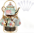 20-Piece Floral Ceramic Tea Set with Saucers & Metal Stand, European Afternoon Tea Service, Blooming Design