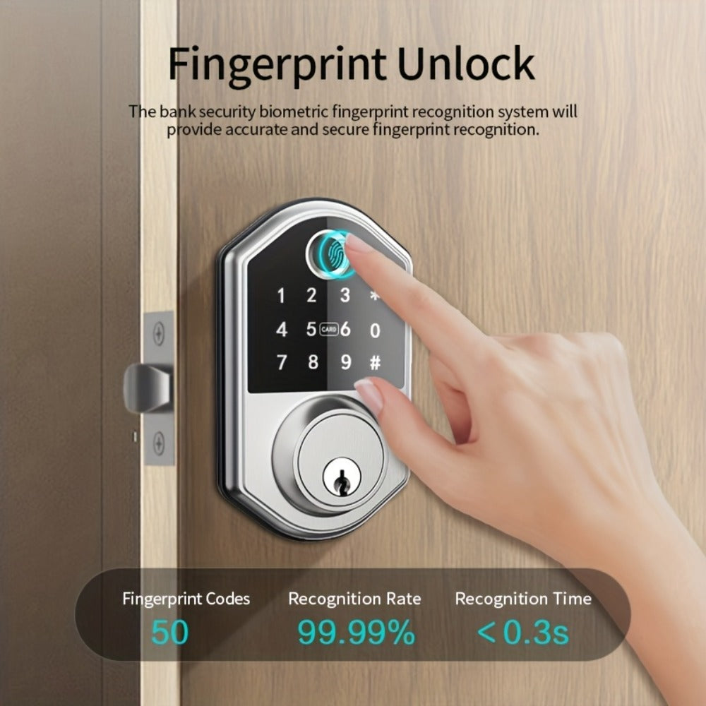 Smart Door Lock Deadbolt with Fingerprint PIN Key and Card or Cardless Black Silver Configurations