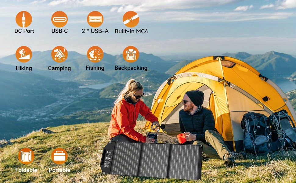 Portable Solar Panel Charger 30W 60W, Foldable Monocrystalline with 18V MC4, DC 12V, USB-A QC3.0 & USB-C PD 18W for Camping