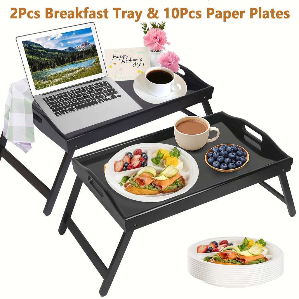 Bamboo Breakfast Tray with Folding Legs & Handles 2 Pack, Extra Wide Foldable Bed Tray Table for Eating