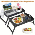 Bamboo Breakfast Tray with Folding Legs & Handles 2 Pack, Extra Wide Foldable Bed Tray Table for Eating