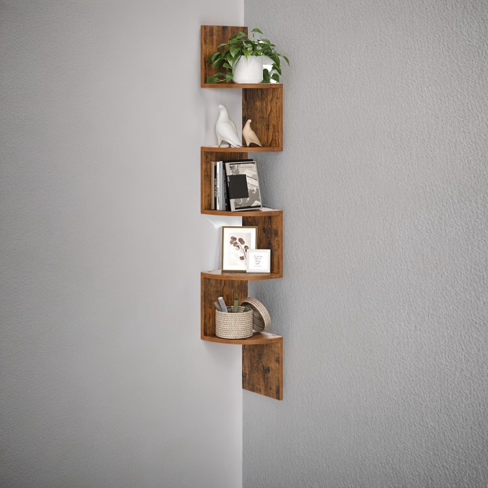 Corner Floating Shelf 5-Tier Wall Mount, Space Saving Storage Rack for Bedroom Living Room, Radial Display Organizer
