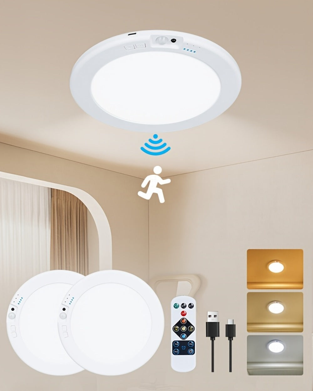 Wireless LED Ceiling Light with Motion Sensor 2 Pack – 5500mAh Rechargeable, Remote Control, 3 Brightness Modes