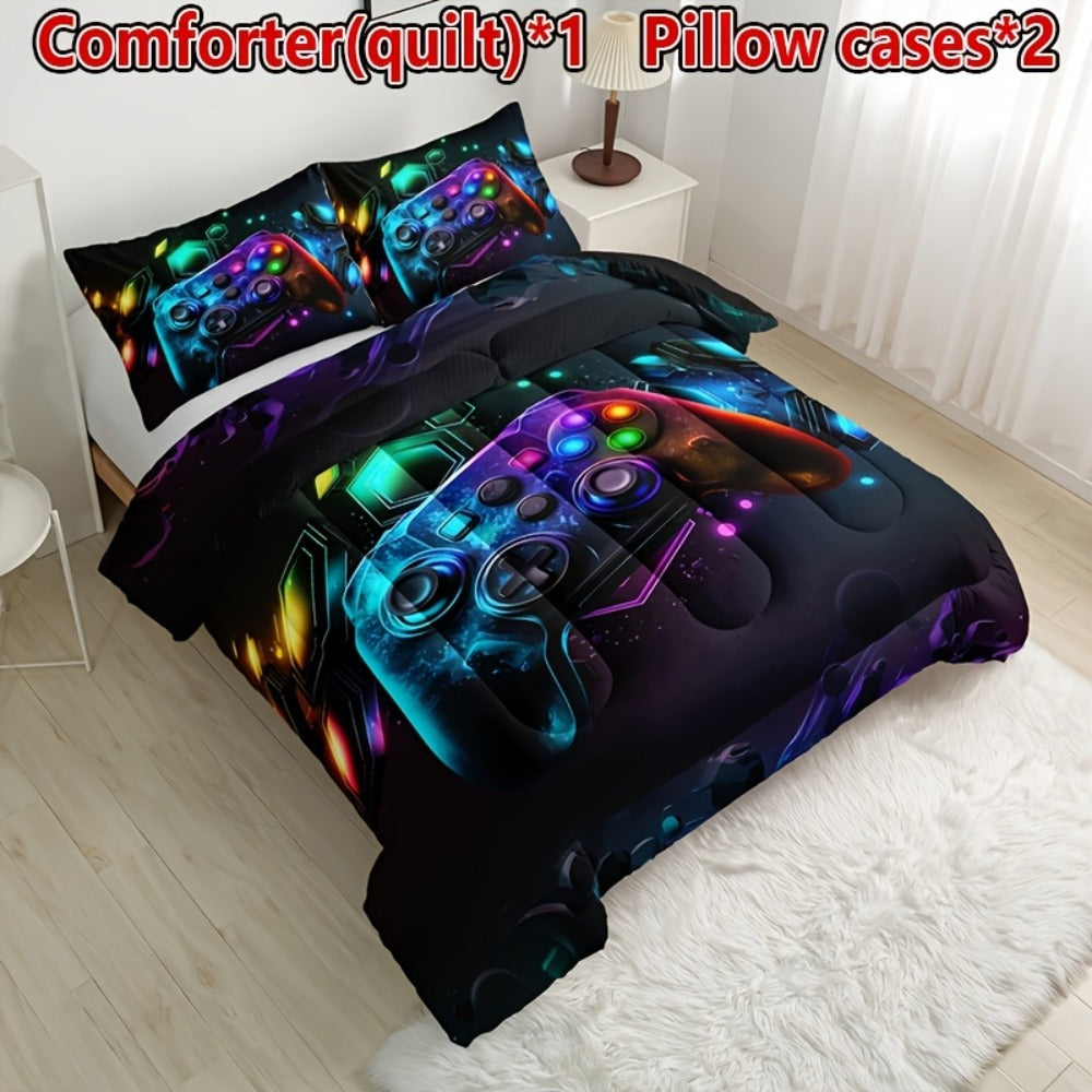Gaming Controller Print Comforter Set with Two Pillowcases, 180 GSM Fill and Twin, Full, Queen or King Sizes