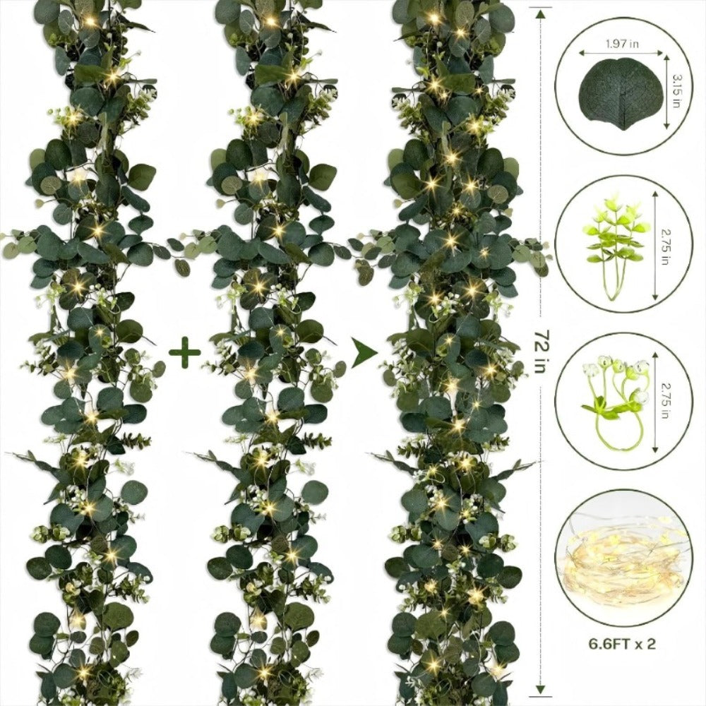 Lighted Eucalyptus Wreath Garland 6FT LED 2 Pack - Artificial Green Vine with Lights for Wedding Centerpiece