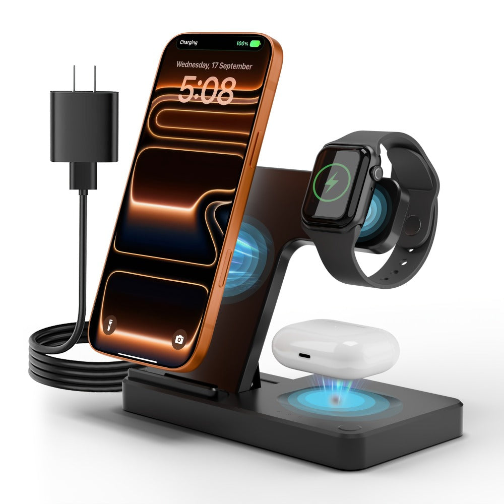 Wireless Charging Station, Foldable 3-in-1 15W Portrait-Landscape Stand with Four Black or White Adapter Options