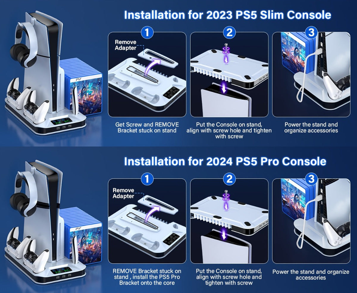 Black Console Cooling Stand Compatible with PS5, Slim and Pro Models, Three Fan Speeds and Dual Controller Dock