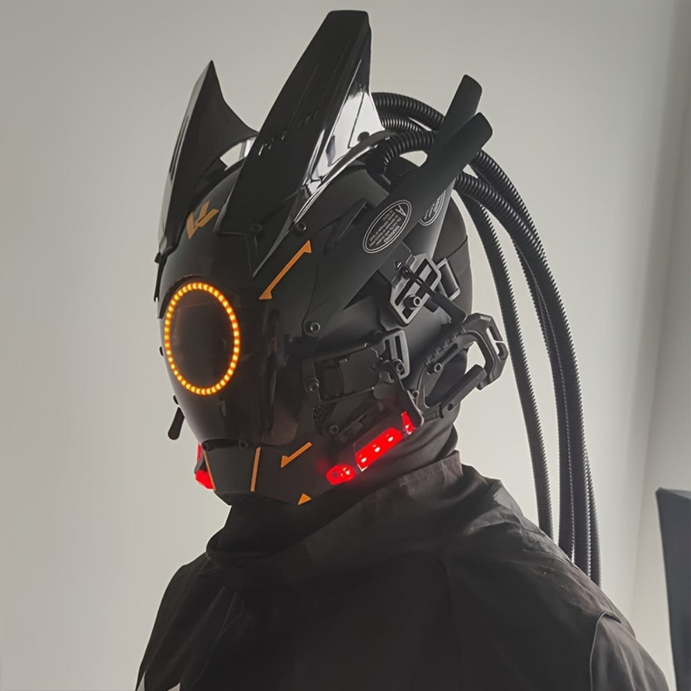 LED Braided Cyberpunk Costume Helmet with Circular Face Light and Blue, Green or Pink Accent Styles