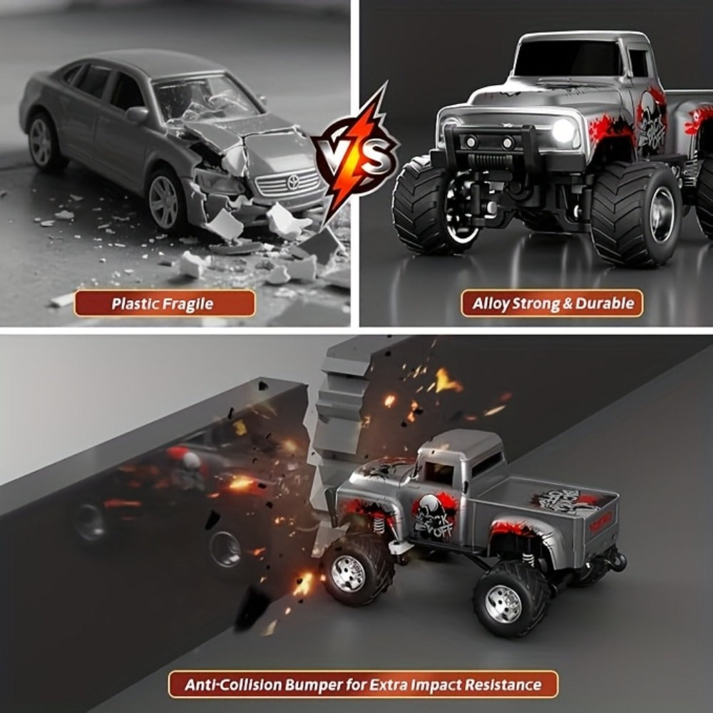 Mini Alloy RC Monster Truck 1:64 Scale 2.4GHz Off-Road Crawler with LED Lights, Street Graffiti Spray-Paint Design