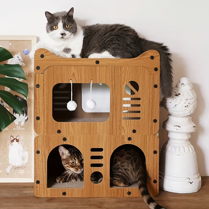 Double- or Three-Level Cat Tree Condo with Wood-Look Panels, Doorway Cutouts and Scratch Liners