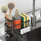 Black Sink Caddy with Drain Tray, Hanging Dishcloth Bar, Brush Holder and 23.5 cm Countertop Width