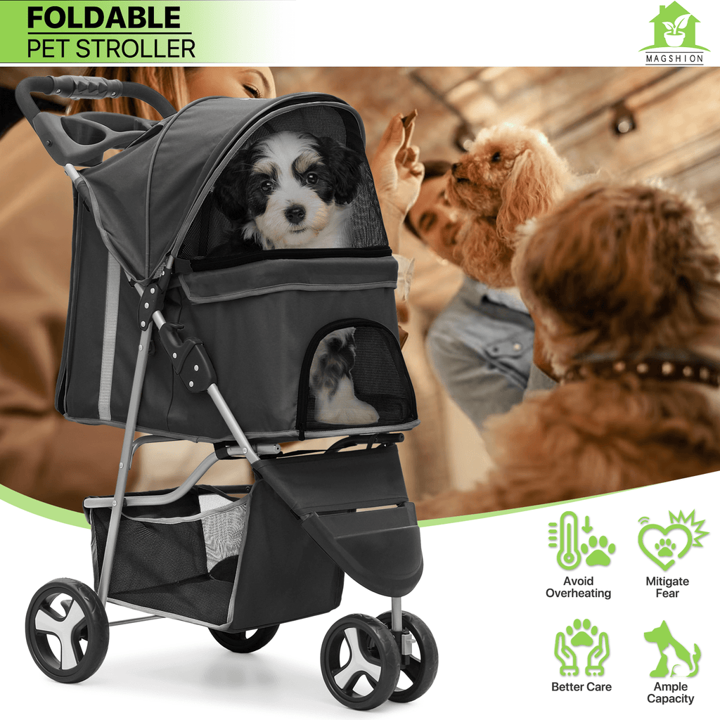 Three-Wheel Pet Stroller with Folding Mesh Cabin, Cup Tray, Lower Basket and Eleven Color or Print Options