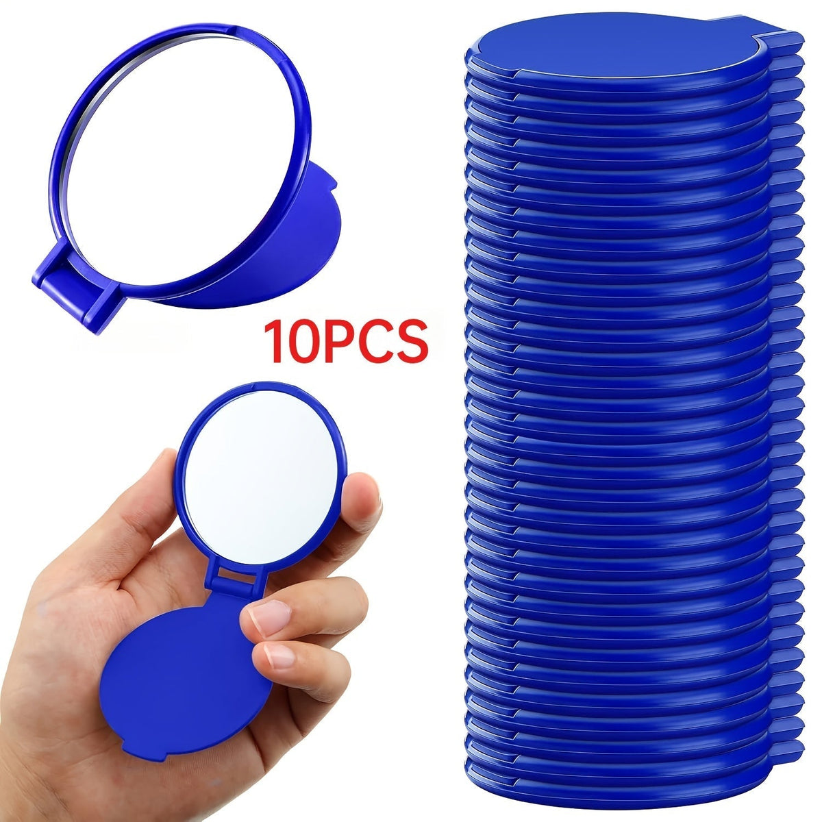 Makeup Mirror Set 10 or 21-Piece Royal Blue Folding Pocket Compacts with Round Glass, Flip Covers and Stand Function
