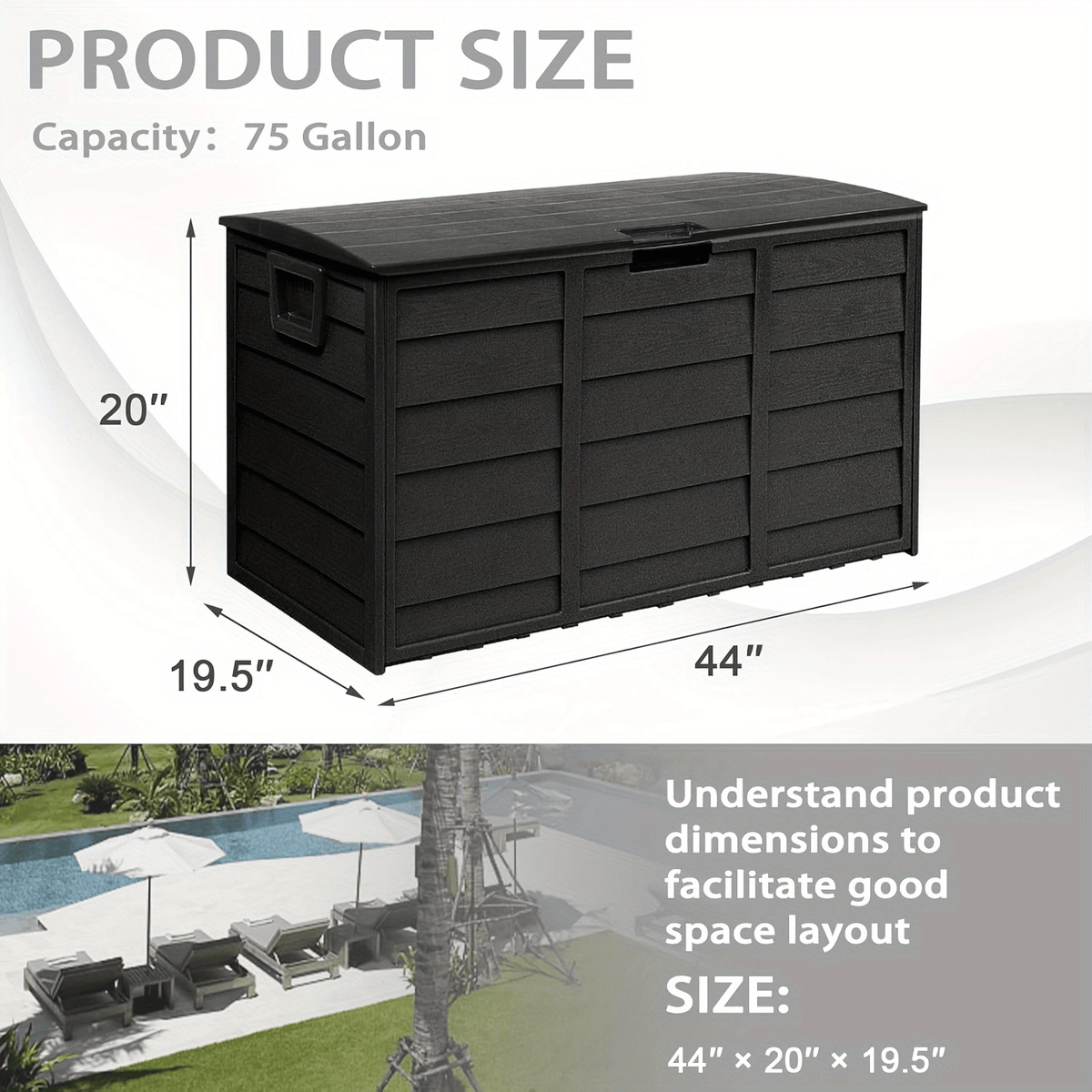 75-Gallon Pure Black Outdoor Storage Box with 44-Inch Pictured Width, Hinged Lid and Side Handles